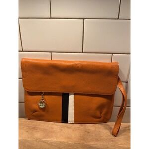 LAGGO Orange Pebbled Leather Foldover Clutch Wristlet Black White Stripe Logo